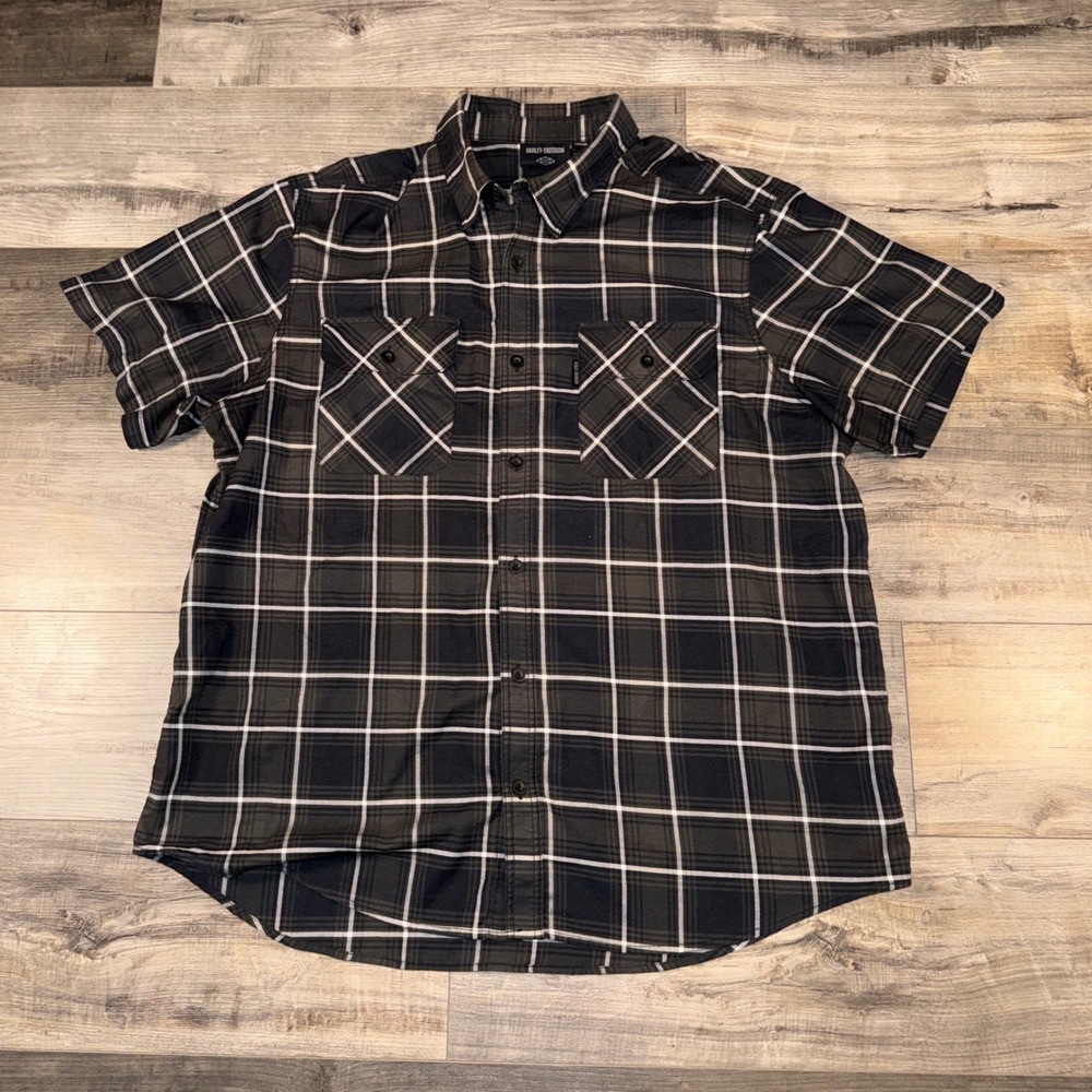 Harley-Davidson Men's 2XL Plaid Button‎ Up Shirt Racing Division Black Gray